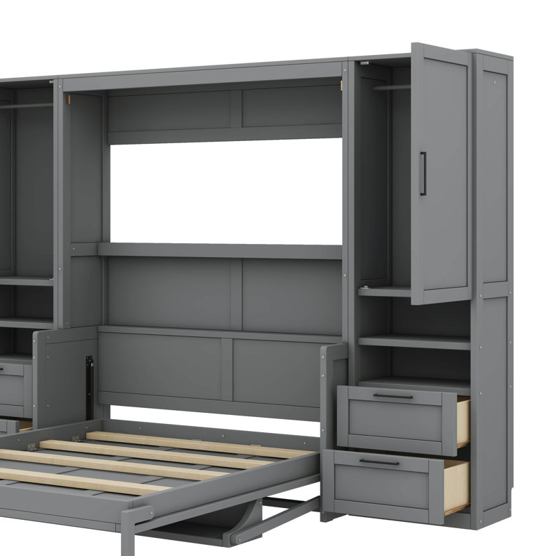 Murphy Bed Wall Bed With Closet ,Drawers And Shelves, Grey, Full