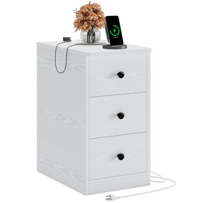 Modern Narrow Nightstand With Charging Station - 3-Drawer Storage
