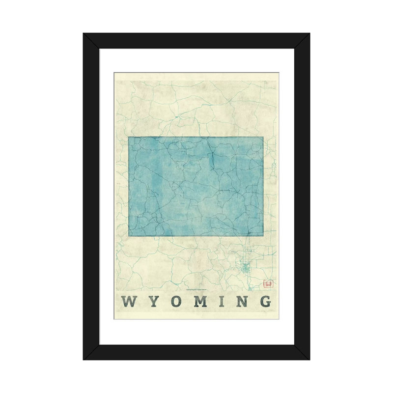 «Wyoming Map», impression sur toile, H 24 po x l 16 po x P 1 po, Papier d'art encadré noir, Blanc