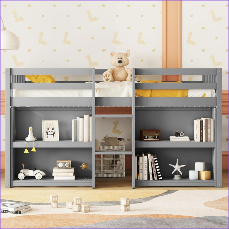 Lit mezzanine simple en pin massif simple avec tablettes à deux niveaux Lumière DEL, aucun sommier requis, Gris