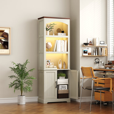 Bibliothèque de 69,6 po de hauteur avec bande lumineuse à DEL, bibliothèque à 5 niveaux avec armoire et tablettes réglables