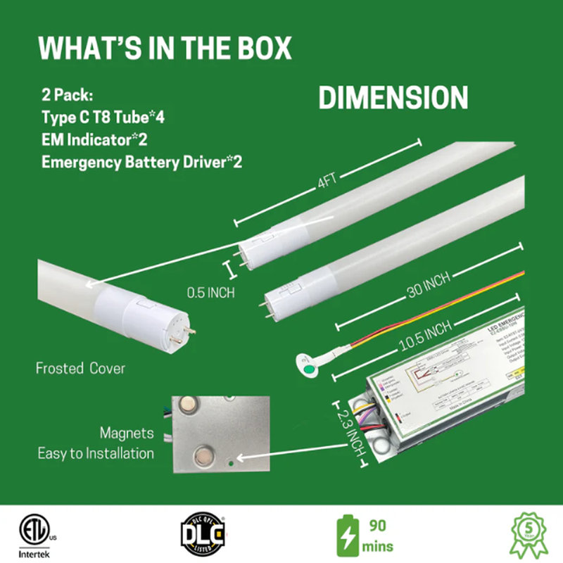 Ensemble d'éclairage DEL de type C T8 E2 L Lighting 4 pi | Paquet de 2 | 15 W | 5CCT réglable | Batterie de secours de 90 minutes