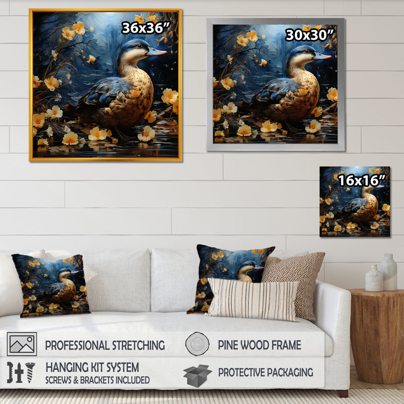 Canard bleu et jaune, Midnight Ponder - art mural animal canard, Cadre simple argenté, H 16 po x l 16 po x P 1 po