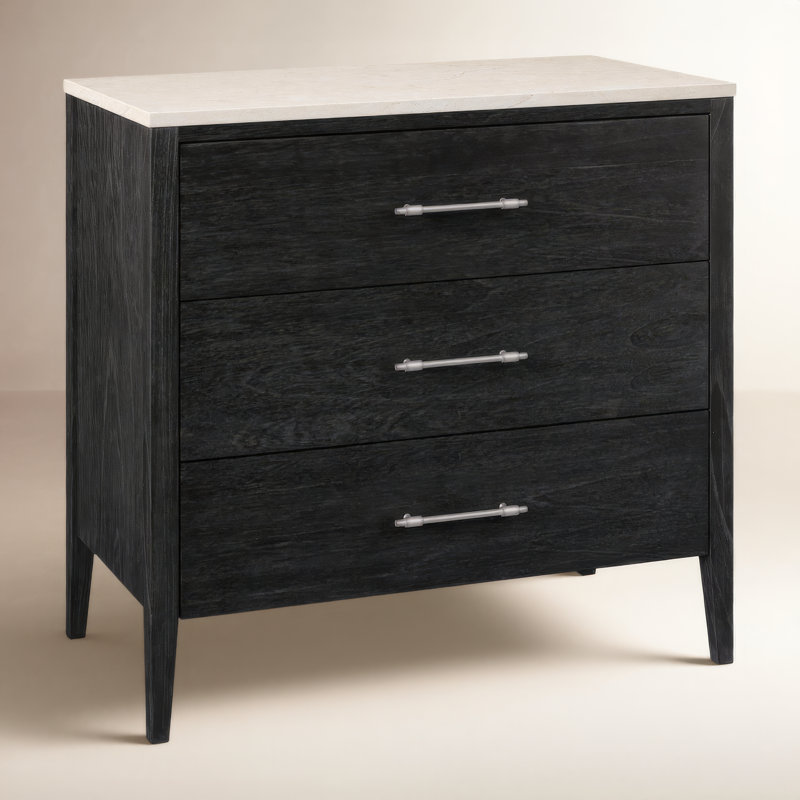 Mayfair 3 Drawer Wood and Marble Chest, Washed Black/Ivory
