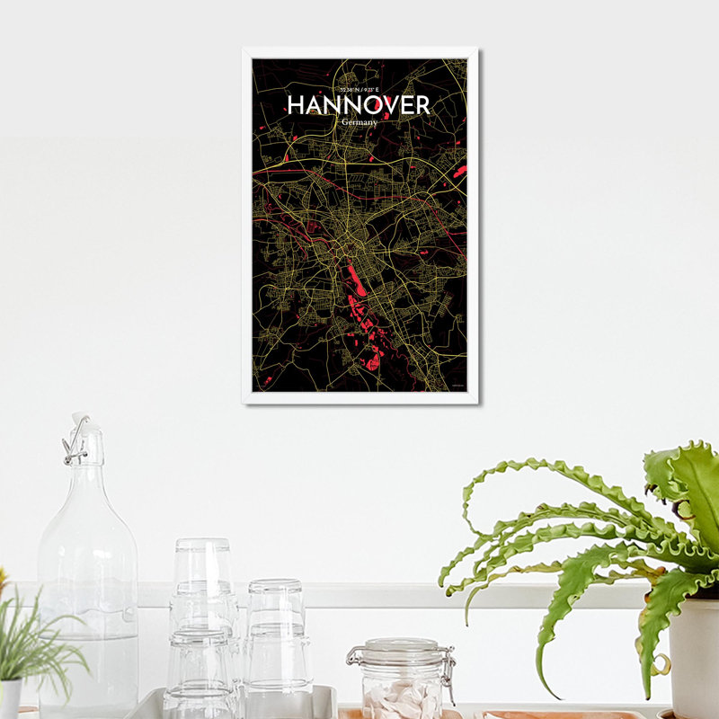 «Hannover City Map», impression, H 17 po x l 11 po, Noir / rouge / jaune