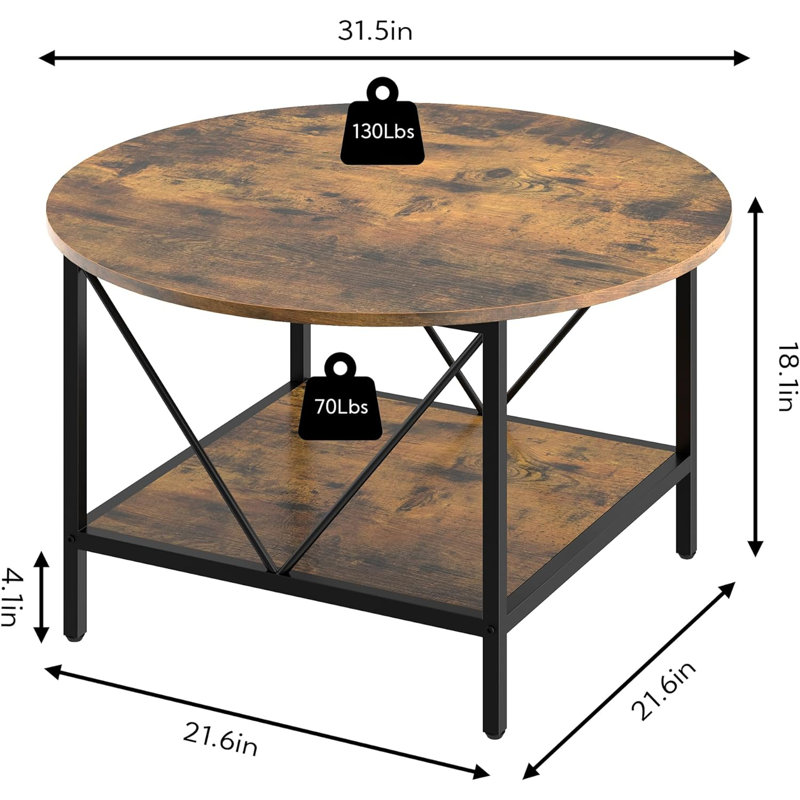 Krystaline 31.5" Coffee Table, 2-Tier Open Storage, Round Coffee Table, Brown Top/Black Base