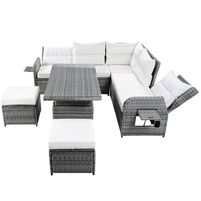 Mobilier de patio beige avec repose-pieds réglables et tables d'appoint inclinables pour l'extérieur