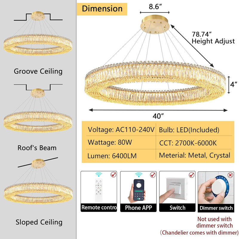 Modern Dimmable Led Crystal Chandelier, Gold