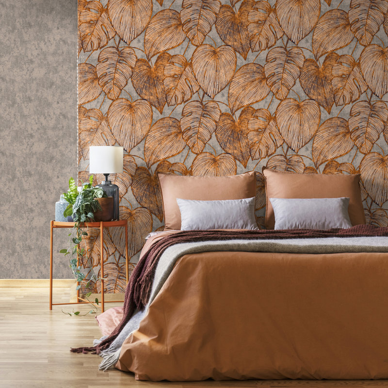 Thaler Large Shimmery Monstera Leaf 8.5m x 70cm Wallpaper Roll, Orange/Grey