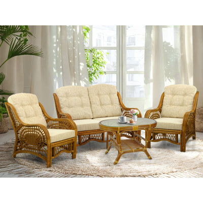 Malibu Lounge Set Of 4: 2 Natural Rattan Wicker Chairs, Loveseat And Coffee Table W/Glass Handmade, Colonial