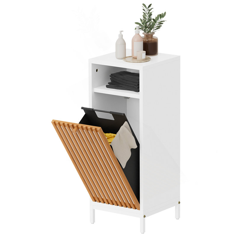 Armoire de salle de bain avec façade et panier en bambou - naturel / blanc