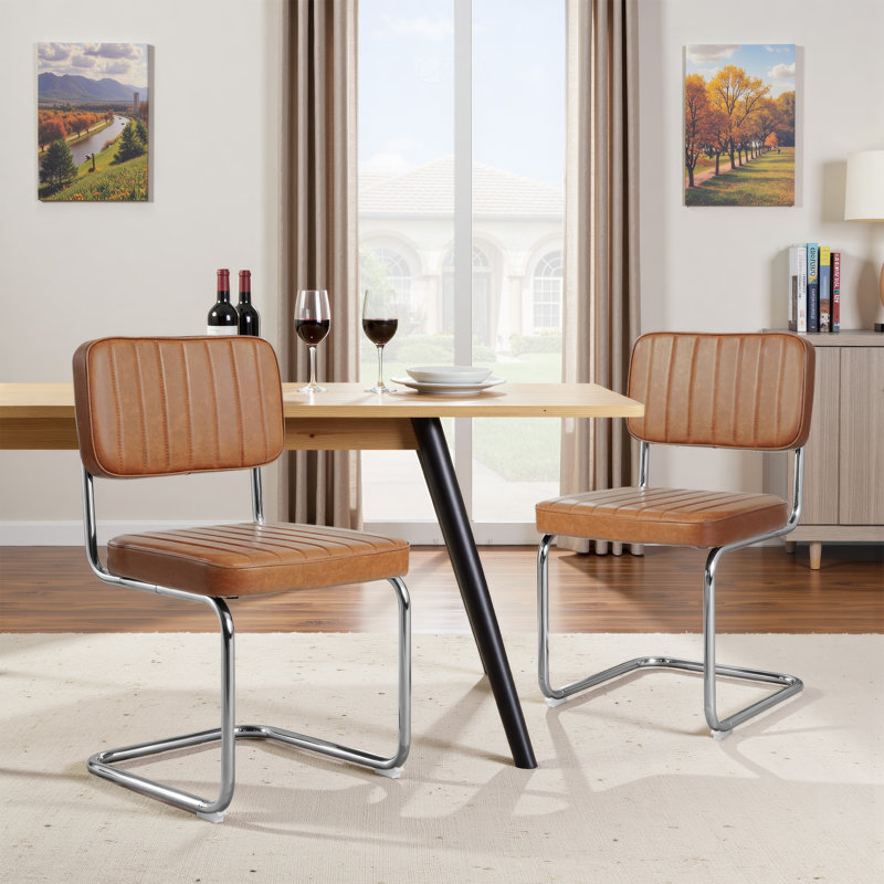 Ensemble de 2 chaises de salle à manger en similicuir de style Mid-Century rembourrées sans accoudoirs avec pieds en métal pour la cuisine, brun