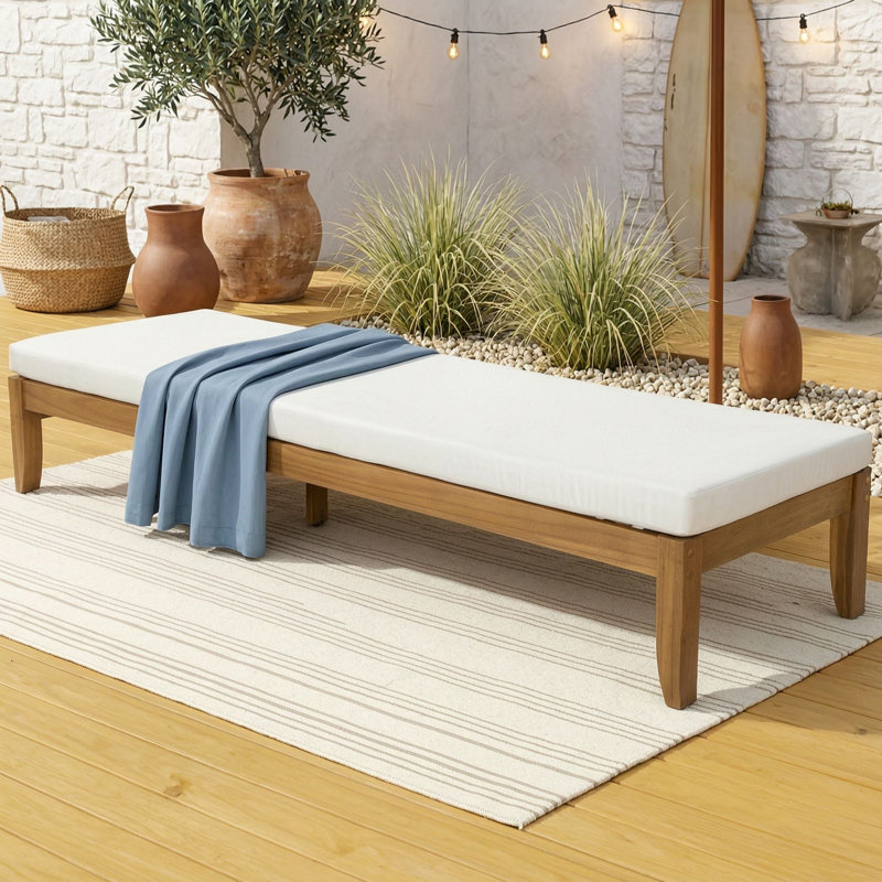 Chaise longue d'extérieur en bois d'acacia avec coussins et dossier réglables en 4 positions pour piscine et jardin., Naturel