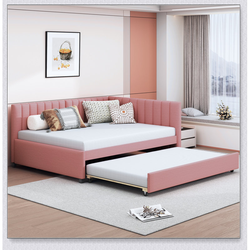 Full Upholstered Daybed With Trundle Sofa Bed Frame, Pink
