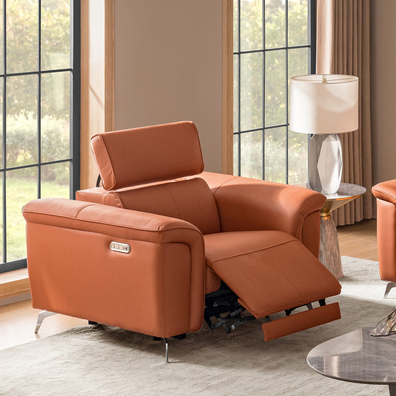  Maltby 45.25" Modern Genuine Leather Dual Motor Power Recliner with Adjustable Headrest, Caramel