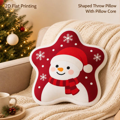Christmas Snowman & Santa Hat Stuffed Throw Pillow - Multicolor Snowflake Cushion Suitable for Bedroom Sofa Decor, Hand Washable Winter Decoration with Shaped, Gift for and Holiday Party Decorations, 2D Flat 45cm