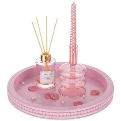 Plateau rond rose: plateau de parfum perlé décor pour la commode