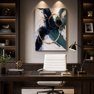 «Thick Textured Knife», art mural en toile épaisse texturée, bleu sarcelle abstrait et coups de pinceau bleu marine avec cercles chevauchants dorés métalliques