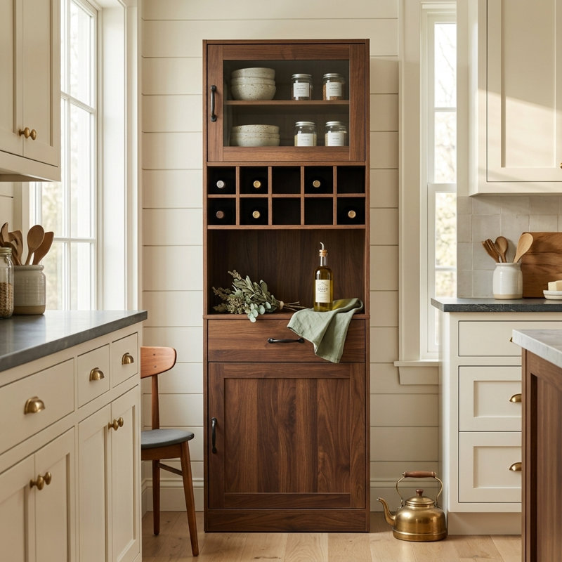 Armoire de cuisine 71 po avec tablettes coulissantes et portes en verre, armoire à vin avec tiroir