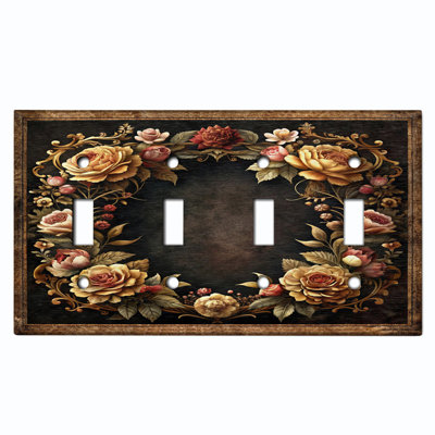 Metal Light Switch Plate Cover; US Standard Size 4 Gang Toggle - Vintage Rose Wreath
