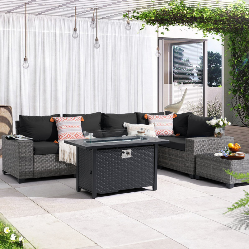 5 - Person Outdoor Rattan Seating Group With Cushions, Black, Yes