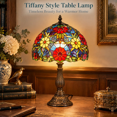 Hantek Tiffany Style Table Lamp, 11.8" Vintage Stained Glass Floral Lamp with Metal Base, E26 Bedside Accent Light for Bedroom Living Room