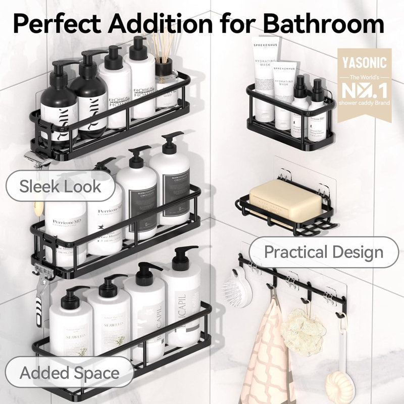 Serviteur de douche, ensemble de 6 organisateurs de douche grande capacité avec porte-savon et 12 crochets, tablettes de douche antirouille pour la douche intérieure, aucun perçage et organisateurs de salle de bain élégants et rangement