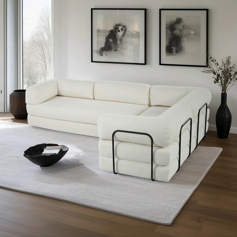 Canapé-lit modulaire en L 2 pièces en velours côtelé, Velours côtelé beige