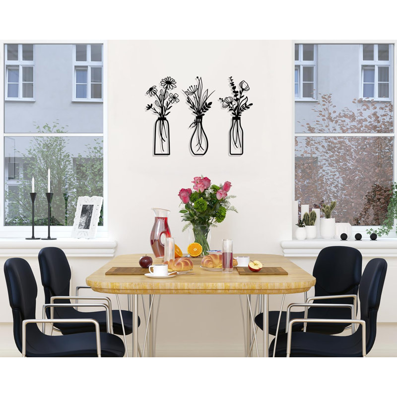3-piece Black Metal Flower Wall Art