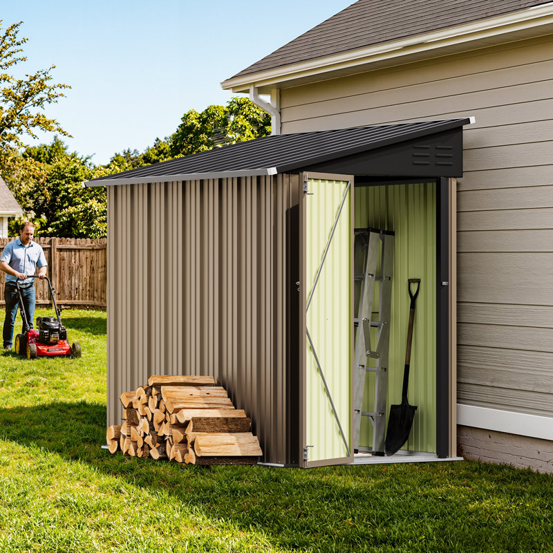 8x4 Ft Outdoor Storage Shed, Lean To Storage Shed, Garden Tool Metal Storagehouse With Lockable Door, 2 Air Vents And Sloped Roof For Backyard, Patio, Lawn, Brown