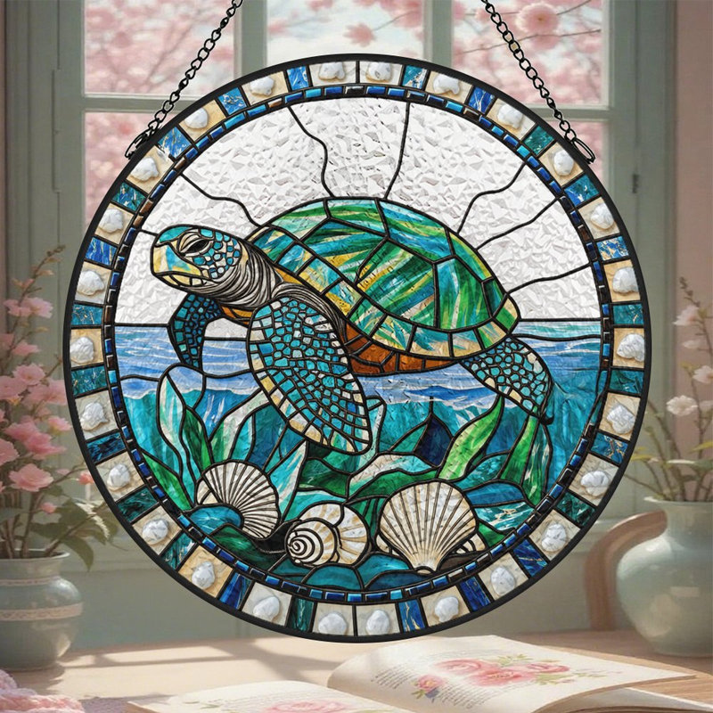 Tortue de mer vitrail panneaux de verre teinté pour décoration de fenêtre, 11,8 x 11,8 po (30 x 30 cm)