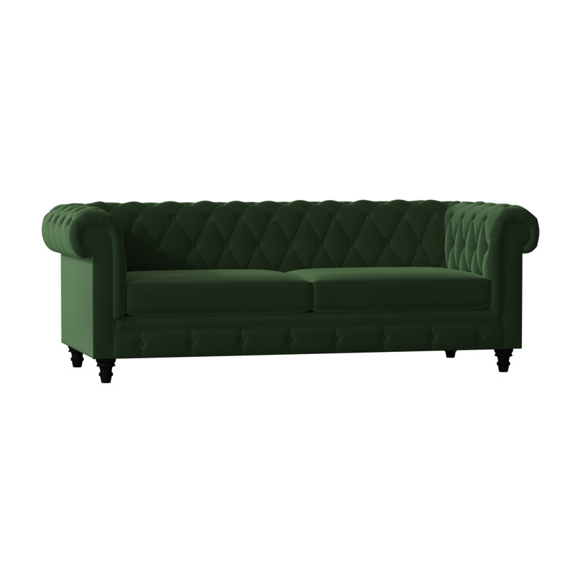 Canapé Chesterfield à accoudoirs roulés, Émeraude, Standard, Noyer