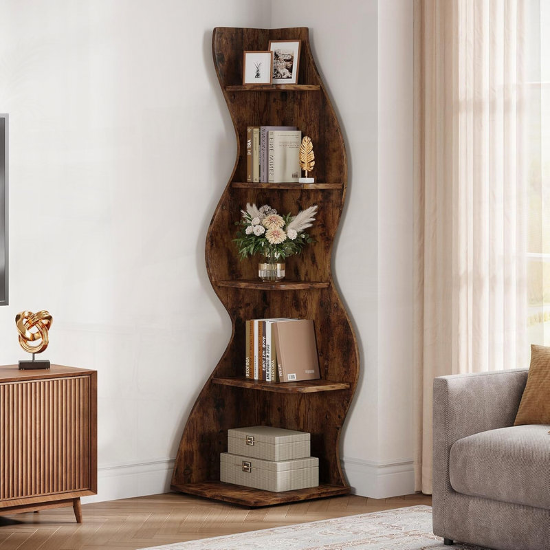 69.8"Height 5-Tier Wavy Corner Bookshelf And Plant Stand For Living Room Small Space, 69.88"H x 18.9"W x 18.9"D, Brown