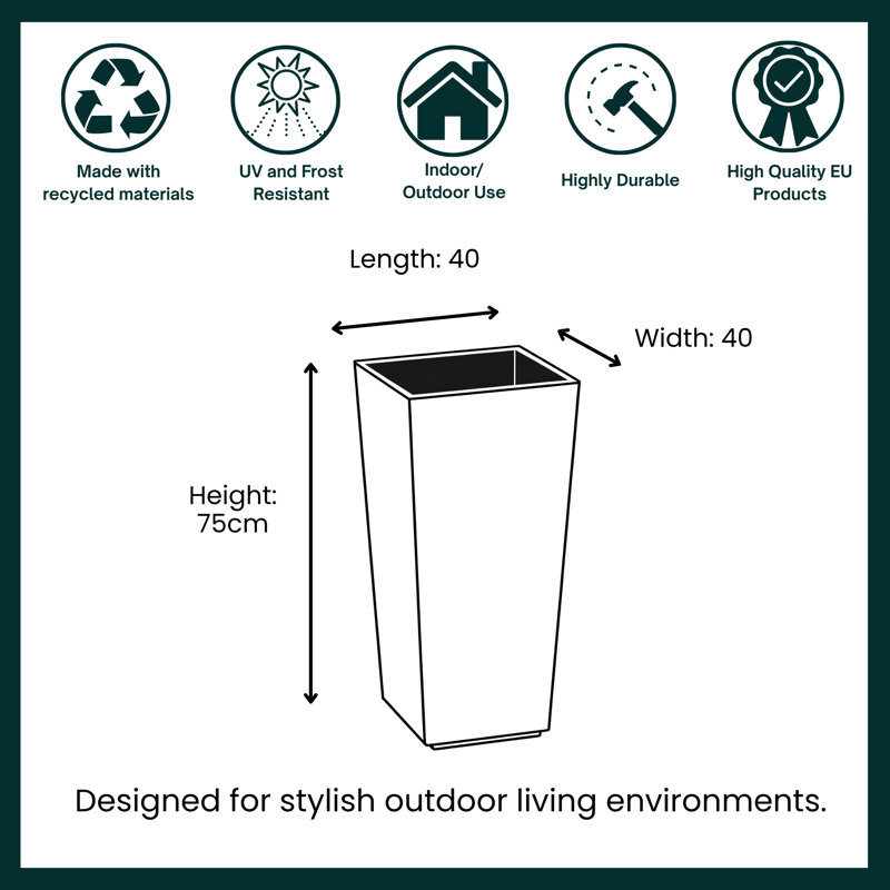 Taito Pot Planter Tall Lightweight Frost Proof Concrete Effect Planter, Black, 75cm H x 40cm W x 40cm D
