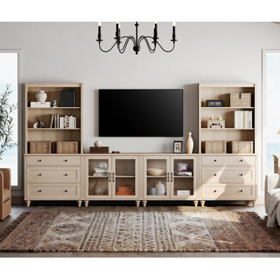 Entertainment Center With Bookshelves With Glass Doors & Drawer, Farmhouse Wall Unit TV Stand For Tvs, Bedroom & Home Theater