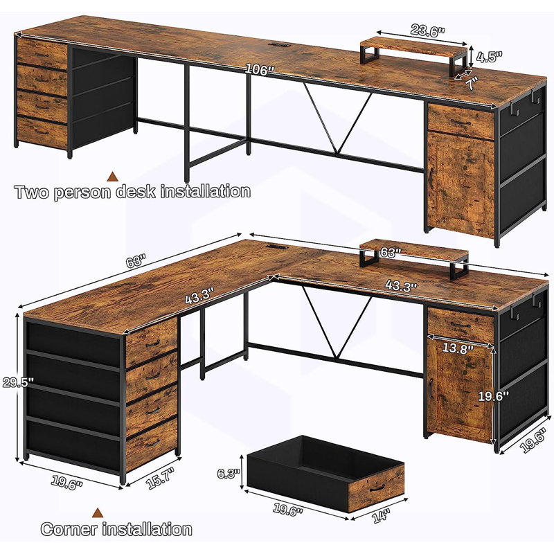 63“ W L Shaped Desk, Brown