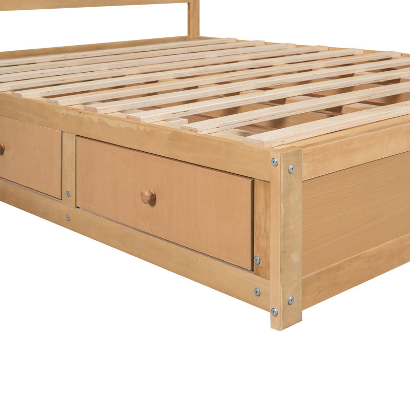 Grand lit plateforme en bois avec rangement et 2 tiroirs - placage naturel polyvalent, Grand lit