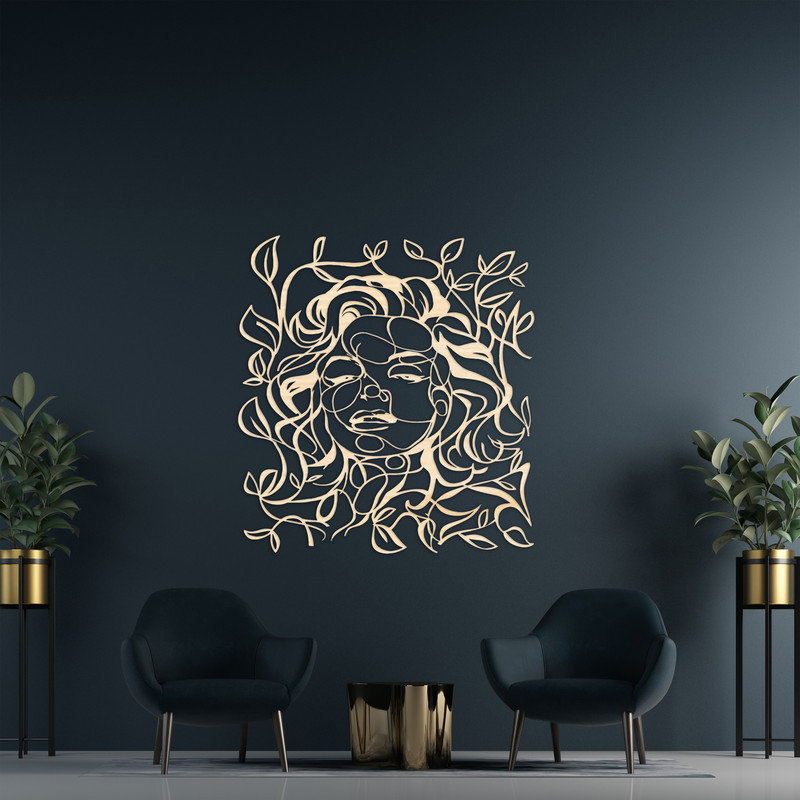 Art mural abstrait avec visage, cheveux et vignes - ACM, H 24 po x l 22,4 po x P 0,25 po, Noir