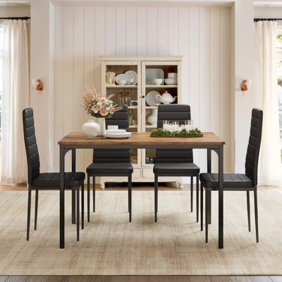 4-Person Solid Wood Dining Table Set with Leather-Trim Chairs and Space-Saving Design