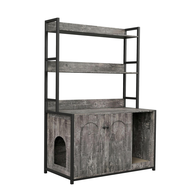 Large Cat Litter Box Enclosure With Shelf Storage, Hidden Cat Washroom Furniture, Wooden Cat House With Scratch Pad, Sturdy Indoor Cat Cabinet With 2 Doors(Grey)