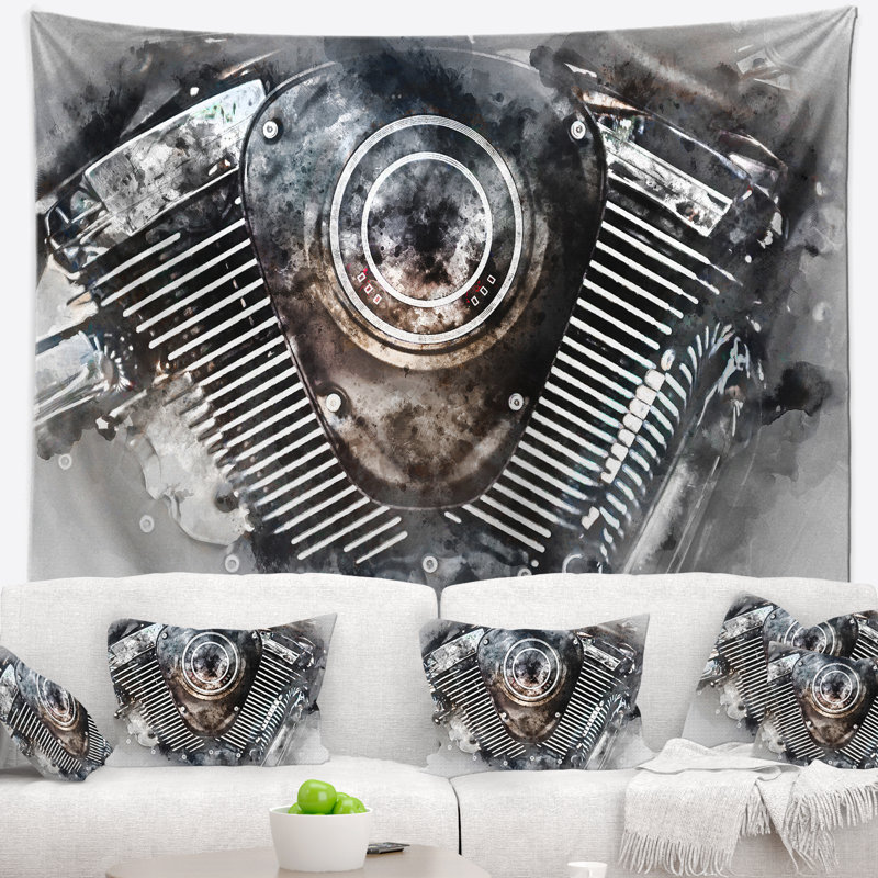 Tapisserie aquarelle de moteur de motocycle en polyester avec accessoires suspendus inclus, H 32 po x l 39 po