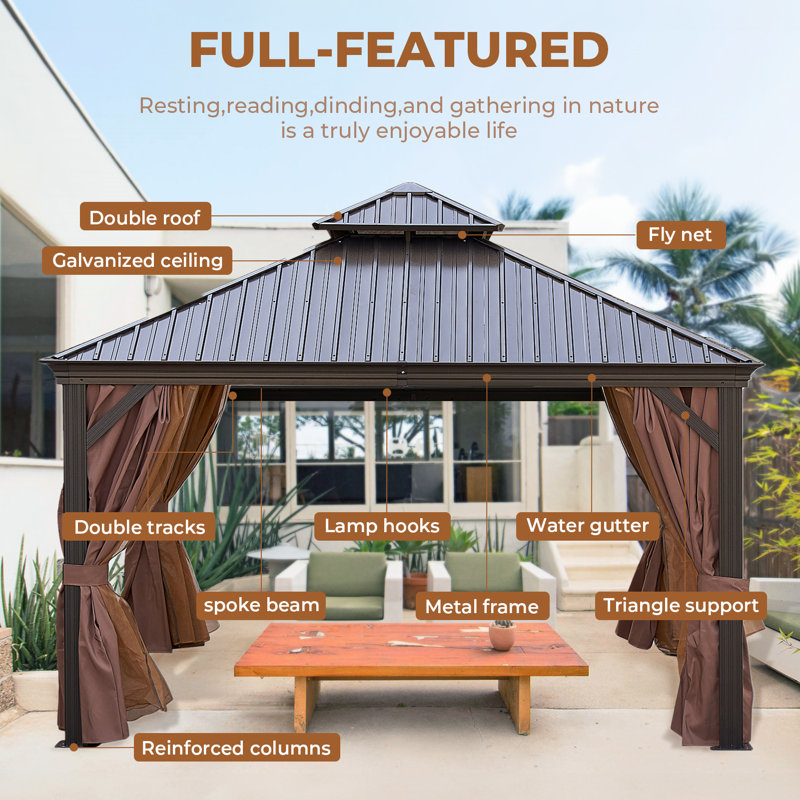 10*10 FT and 12*12FT Outdoor Hardtop Gazebo, Metal Double Roof Canopy Gazebo With Curtains And Nettings For Patio,Party.