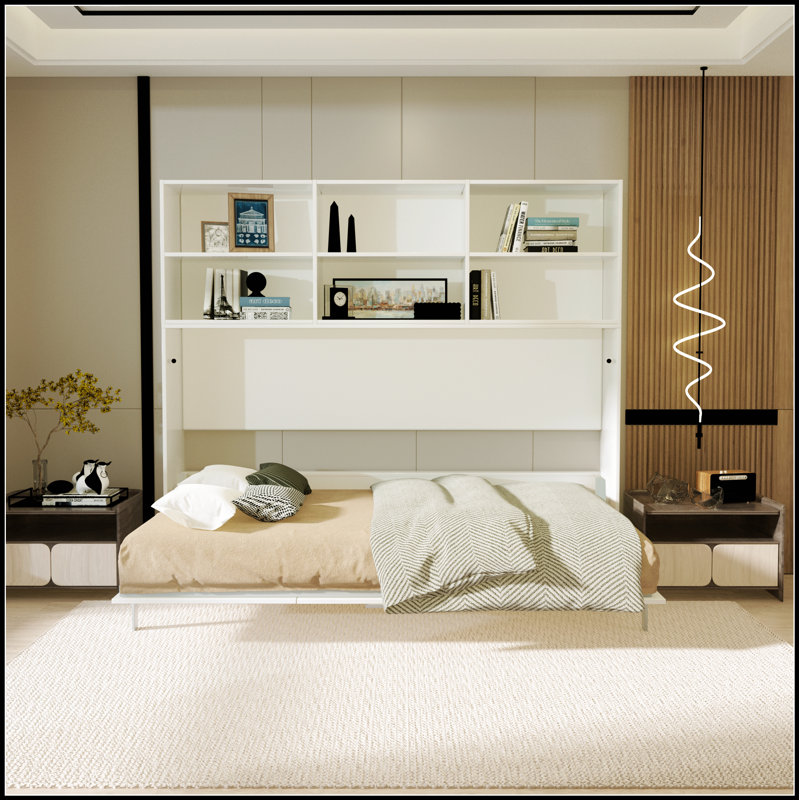 Modern Design Horizontal Murphy Bed with Shelf Storage, Space-Saving and Functional for Compact Bedrooms and Guest Rooms.