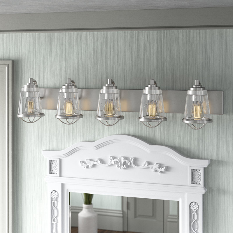 Akshay 5-Light Dimmable Steel Vanity Light with Seeded Glass, Brushed Nickel