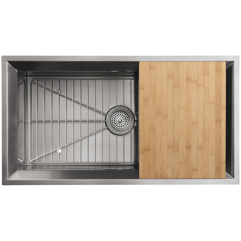 Poise 33" L x 18" W x 9.75" Under-Mount Single-Bowl Kitchen Sink with Cutting Board and Bottom Bowl Rack, Standard
