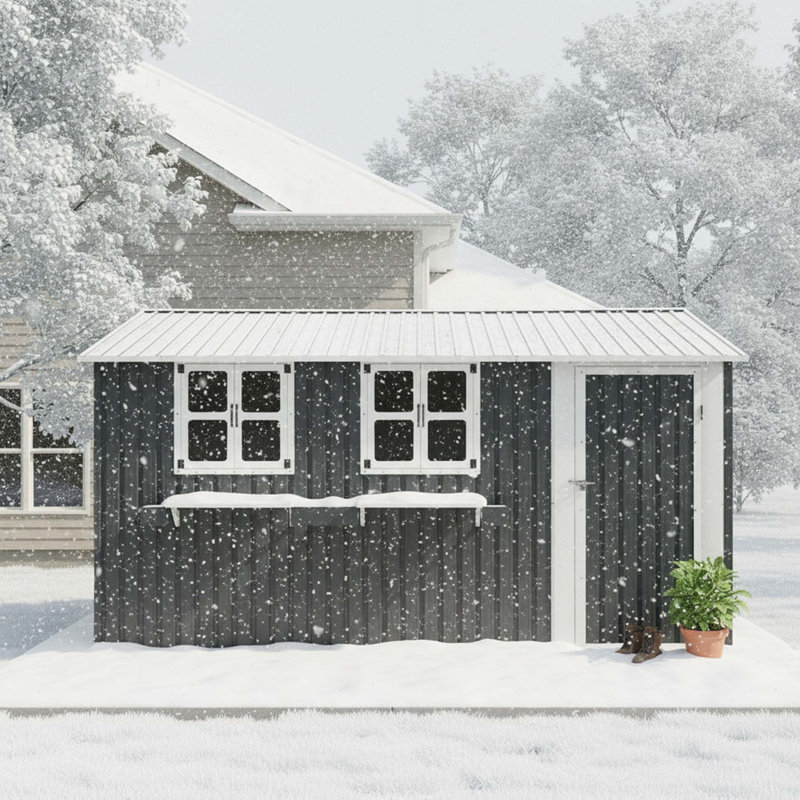 Remise de rangement extérieure en métal robuste de 12 x 10 pi avec fenêtres transparentes, support à fleurs décoratif, porte verrouillable et construction résistante aux intempéries pour une utilisation dans la cour, le patio ou le jardin.