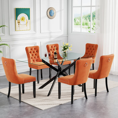 7 Piece Glass Dining Table Set for 6, Modern 60" Glass Kitchen Table with Metal Leg, Tufted Velvet Upholstered Dining Chair, Rectangle Dining Table and Chairs Set for Kitchen