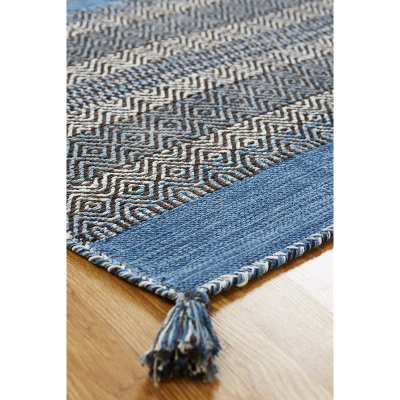 Dolley Cotton Striped Area Rug in Teal, Rectangle 8'6" x 11'6"