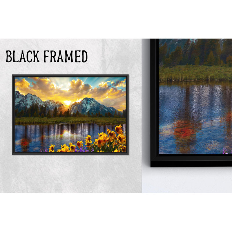 Toile imprimée: coucher de soleil Grand Teton, décor de paysage floral, toiles à cadre noir 1P, H : 47,3 x L : 67 pouces