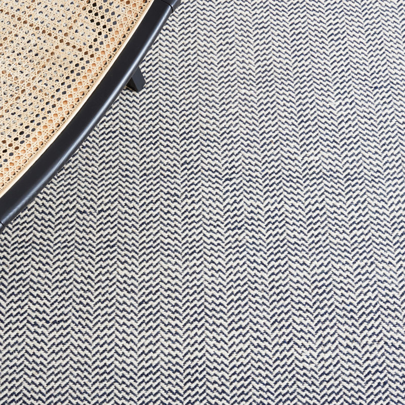 Vermont Hand Woven Cotton/Wool Abstract Rug in Navy/Ivory, Rectangle 5' x 8'
